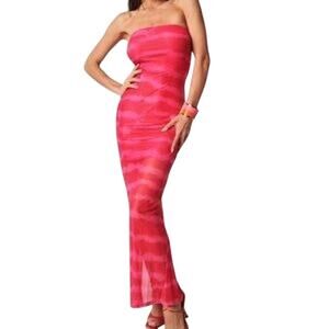 NWT Tiger Mist Womens Pink Strapless Maxi Clem Dress Wavy Print Tie Dye Slit M